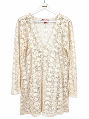 Pacific Beach Cream Swim Coverup Crochet Lace Sheer Long Sleeve Mini Large Boho